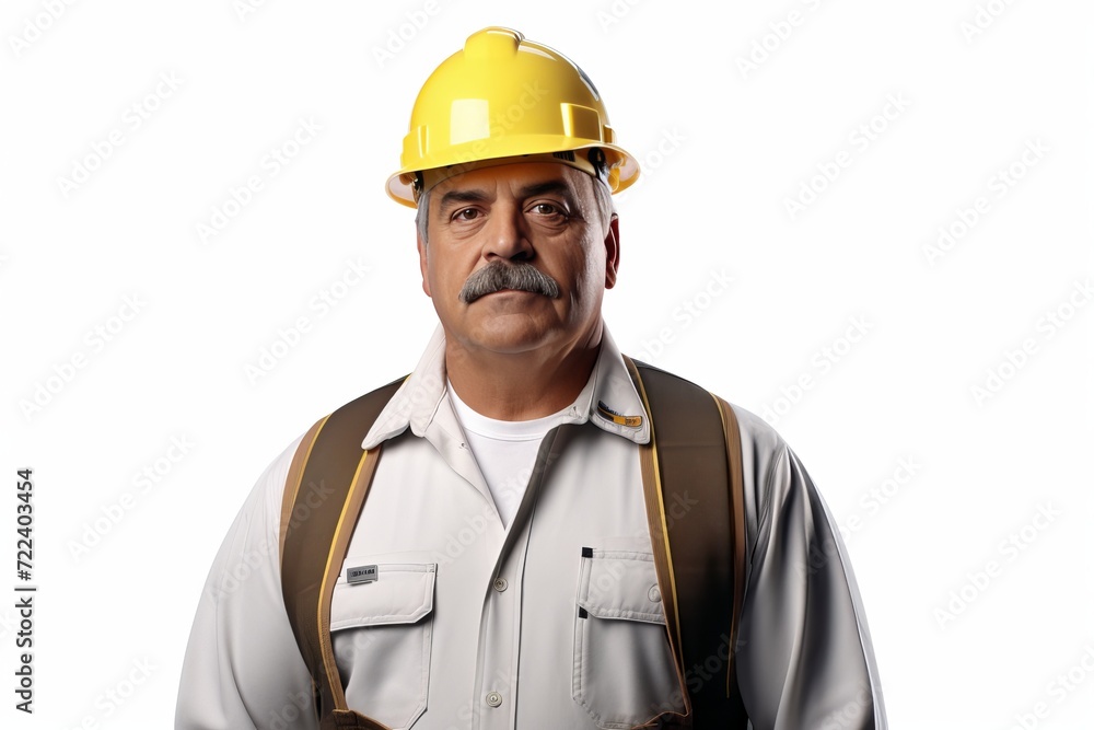 Skilled construction worker wearing uniform standing boldly against a pristine white background Skilled construction worker wearing uniform standing boldly against a pristine white background