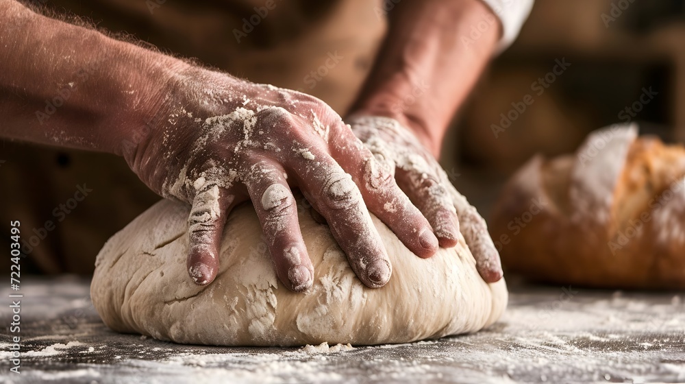 baker's hands kneading dough, capturing the artistry and skill behind the creation of artisan bread