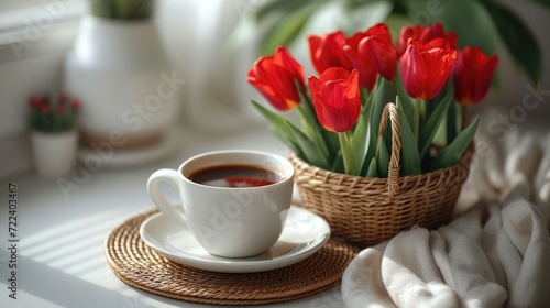 coffee in a cup set in front of tulip, a basket and red rose, in the style of minimalist imagery