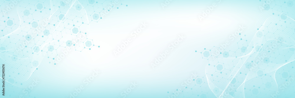 Modern health care or medical background design. Health care innovation concept. Horizontal header web banner. Abstract geometric background with hexagon shapes for medicine, science, chemistry. Modern health care or medical background design. Health care innovation concept. Horizontal header web banner. Abstract geometric background with hexagon shapes for medicine, science, chemistry.