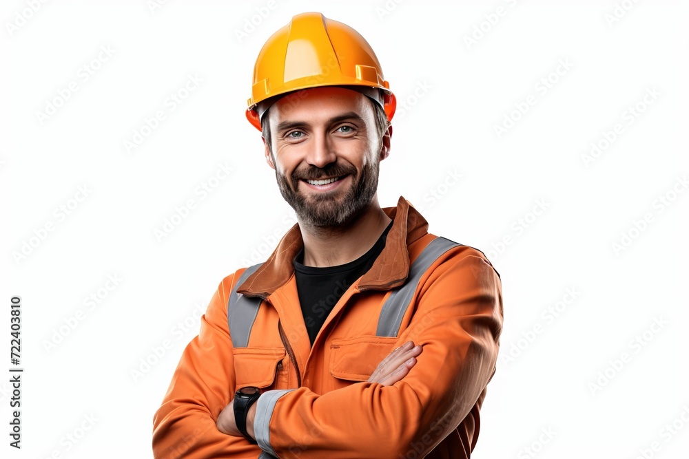 Construction worker in safety uniform standing in front of a plain white background Construction worker in safety uniform standing in front of a plain white background