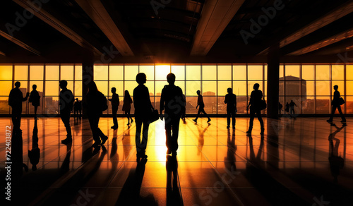 Silhouettes of people at busy station or terminal hall, orange yellow sunset sky background, wide banner, Generative AI