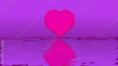 Seamless cartoon animation of pink love heart sign above the sea. St Valentines Day vacations holiday gift concept. Video of pink heart symbol in the sky above the ocean. High quality 4k footage