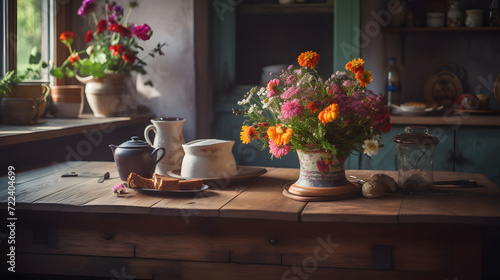 Rustic Kitchen Still Life with Fresh Blooms and Vintage Tableware AI-Generative