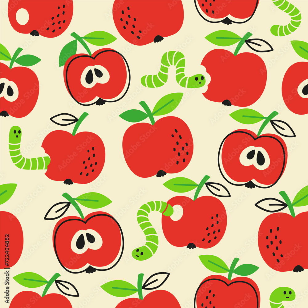 Vector hand drawn seamless pattern in a doodle style. Red apples and caterpillar on yellow background Vector hand drawn seamless pattern in a doodle style. Red apples and caterpillar on yellow background