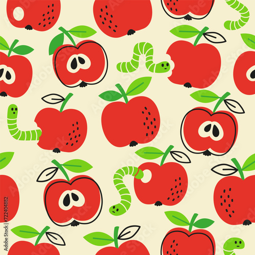 Vector hand drawn seamless pattern in a doodle style. Red apples and caterpillar on yellow background