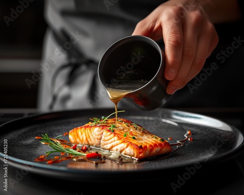 A chef's hand pouring sauce over a finished haute cuisine dish. Exquisitely prepared salmon fillet fish. Restaurant and tunic in background. Commercial food photography for a restaurant. photo