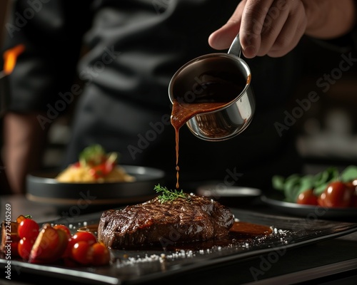 Fototapeta Naklejka Na Ścianę i Meble -  A chef's hand pouring sauce over a steak ready to serve. Exquisitely prepared dish. Restaurant and tunic in the background. Commercial food photography for a restaurant.