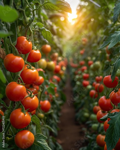 Vegetable cultivation. Greenhouse with tomatoes on trellises. Abundant harvest, juicy fruits