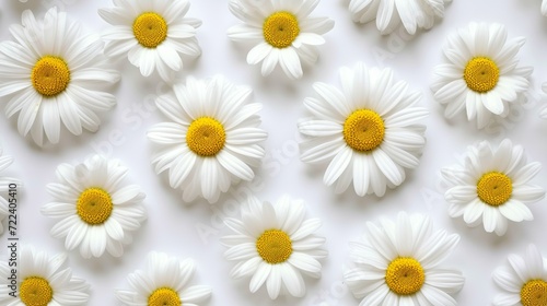 Scattered white daisy petals on simple white background, aesthetic flat lay top view