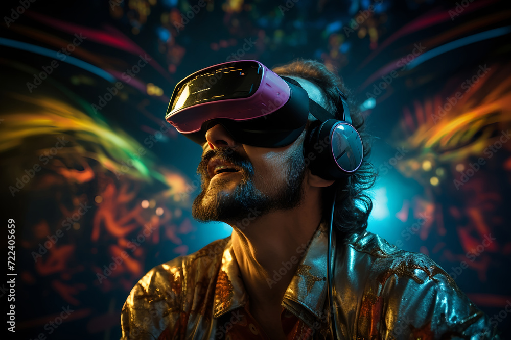 Retro style man wearing virtual reality headset Retro style man wearing virtual reality headset