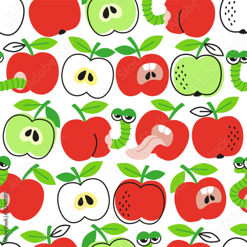 Vector hand drawn seamless pattern in a doodle style. Red and green apples and caterpillar on dark background