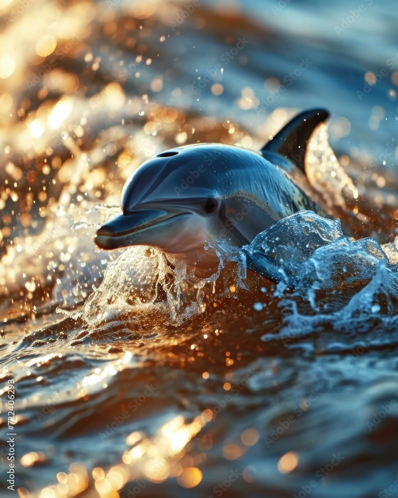 Obraz premium A playful dolphin jumps out of the water, creating pure joy. Generative AI.