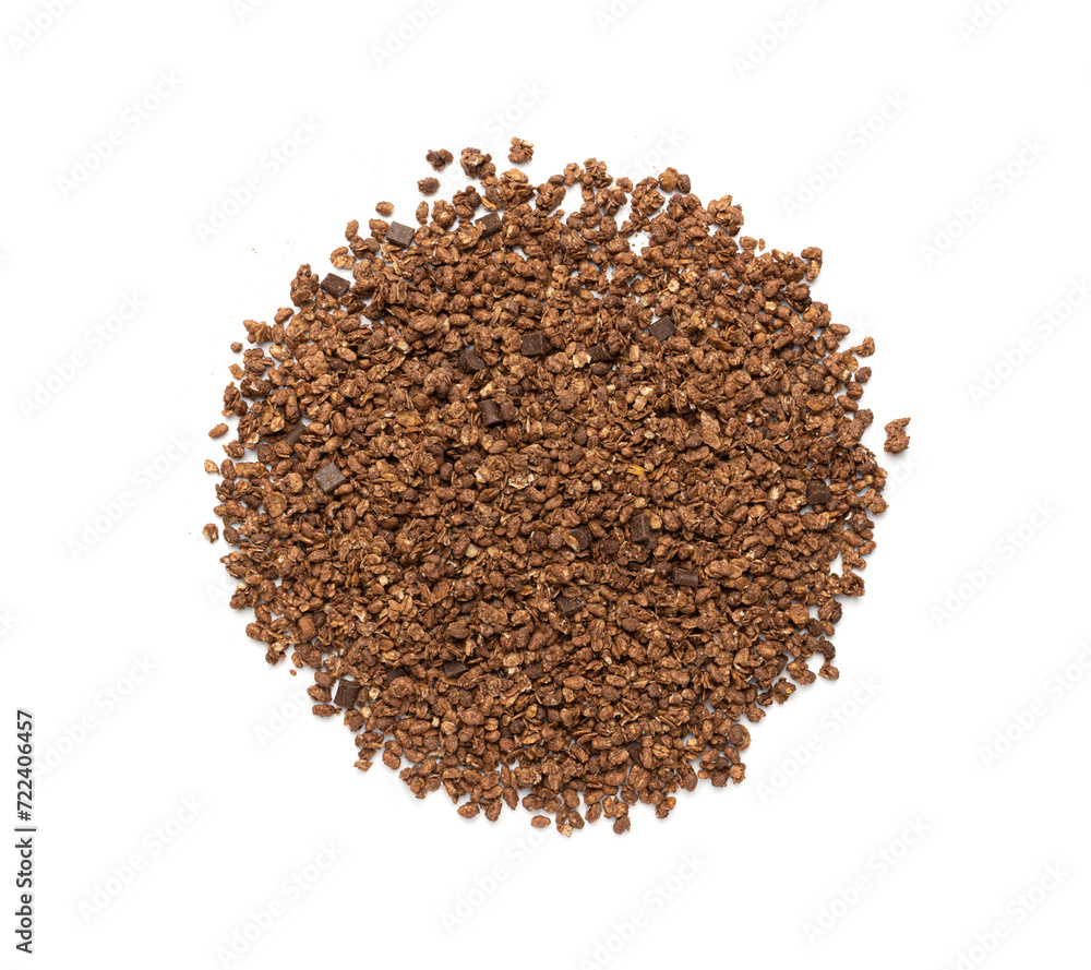 Chocolate Granola Pile Isolated, Cocoa Muesli Breakfast, Crunchy Cereals, Oatmeal Muesli Chocolate Granola Pile Isolated, Cocoa Muesli Breakfast, Crunchy Cereals, Oatmeal Muesli