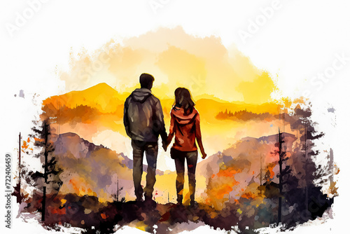 a watercolor illustration depicts a couple in a tender moment, gazing at the setting sun.