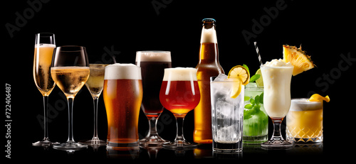 Set and collection of classic alcohol cocktails or mocktail isolated on black background with fresh summer fruits