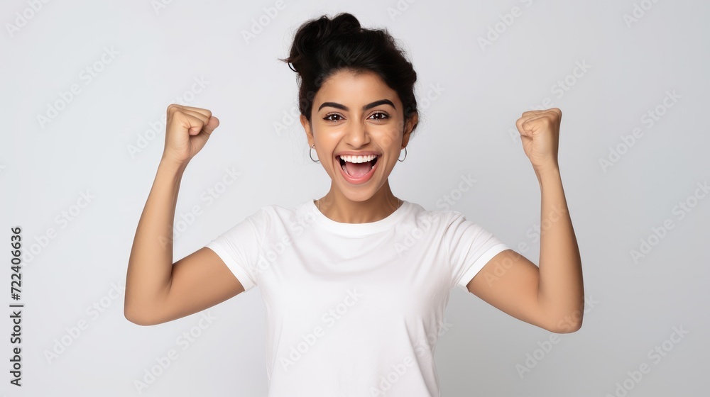 Celebrating Success. Girl in Casual Wear - White Wall Isolated - Receiving Reward Message. Success Celebration. Girl in Casual Attire - White Wall Isolation - Reward Message Arrival Celebrating Success. Girl in Casual Wear - White Wall Isolated - Receiving Reward Message. Success Celebration. Girl in Casual Attire - White Wall Isolation - Reward Message Arrival