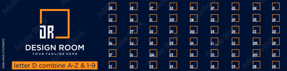 set of square logo design combined letter D with A to Z and numbers from 1 to 9. vector illustration set of square logo design combined letter D with A to Z and numbers from 1 to 9. vector illustration