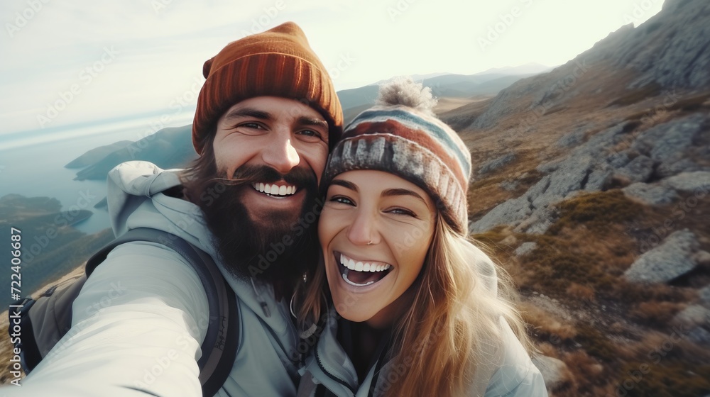 Tech-Savvy Adventure. Couple Selfie Atop Mountain - Young Hikers Scale Cliff - Fusion of Sport, Technology, and Travel Lifestyle. Summit Selfie. Couple on Mountain Peak with Mobile Phone.