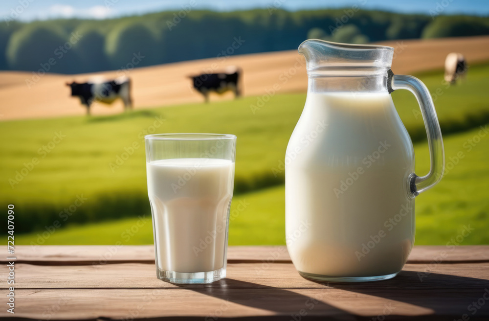 Milk in a glass and a jug on a wooden table in the field. against the backdrop of black and white cows grazing in a field.