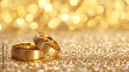 Close up shot of two gold wedding rings on soft yellow bokeh background with copy space