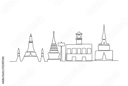 One single line drawing of Bangkok city skyline, Thailand. Historical town landscape. Best holiday destination home decor wall art poster print. Trendy continuous line draw design vector illustration