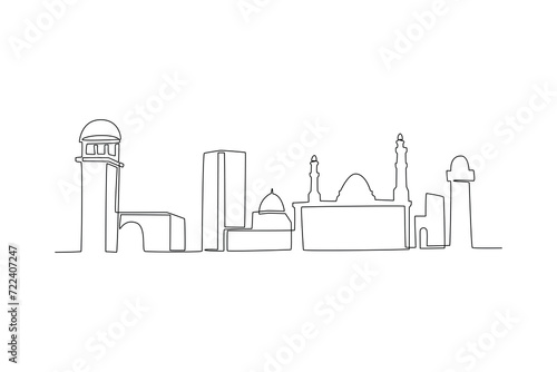 One continuous line drawing Mecca city skyline, Saudi Arabia. Beautiful landmark postcard print art. World landscape tourism travel vacation. Stylish stroke single line draw design vector illustration
