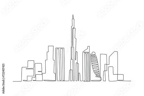 One continuous line drawing of Dubai city skyline United Arab Emirates. Beautiful city landmark. World landscape tourism and travel. Editable stylish stroke single line draw design vector illustration