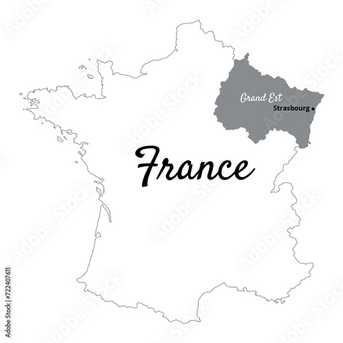 Map of France with the Grand Est region and the city of Strasbourg for exploring the region and traveling
