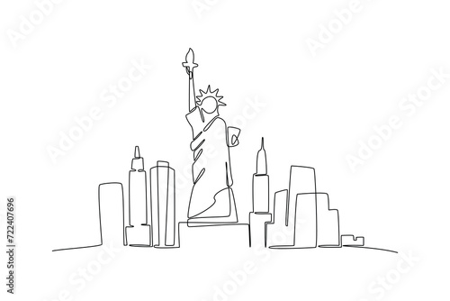One single line drawing New York city skyline United States. Historical town landscape in world. Best holiday destination poster. Editable stroke trendy continuous line draw design vector illustration