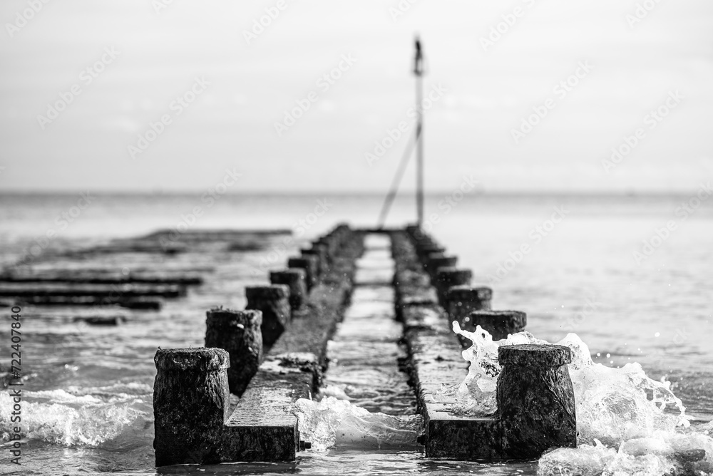 Obraz premium Old wooden remains of pier in black and white close to Lancing, West Sussex, UK