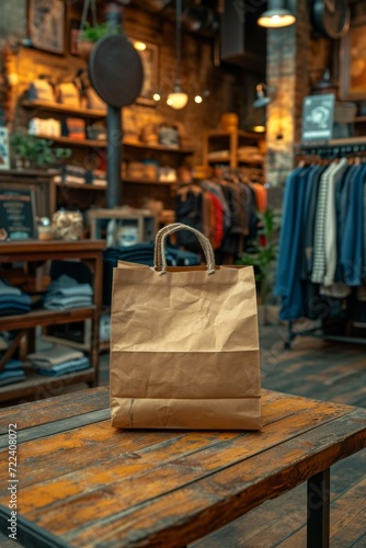 Close-up of a paper bag standing on a table in a store