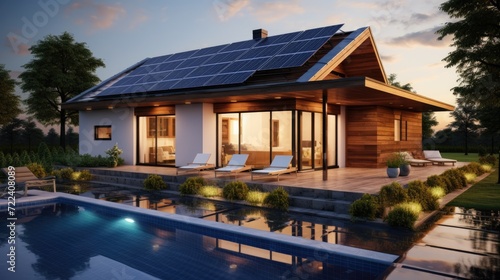 Modern home with solar panels on roof, poolside lounging area, and green lawn under blue sky.