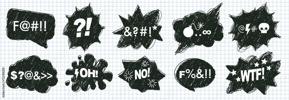 Obraz premium Set of hand drawn comic speech bubbles with swear words. Hand drawn shapes with scribble textures. Swear words in text bubbles to express exclamation. Vector illustration elements in a check notebook