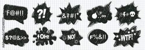Set of hand drawn comic speech bubbles with swear words. Hand drawn shapes with scribble textures. Swear words in text bubbles to express exclamation. Vector illustration elements in a check notebook