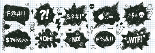 Set of hand drawn comic speech bubbles with swear words. Hand drawn shapes with scribble textures. Swear words in text bubbles to express exclamation. Vector illustration elements in a check notebook