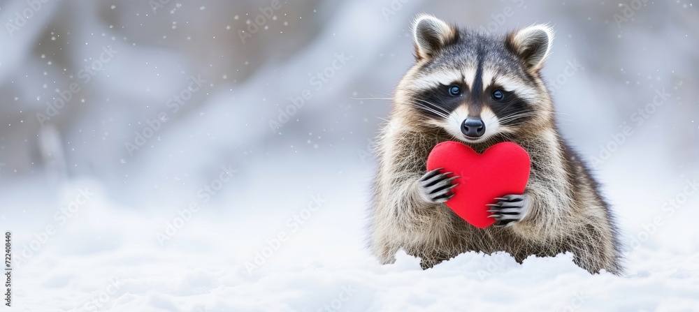 Obraz premium Cute raccoon with heart shaped gift, valentine s day, blurred magical background for text