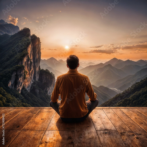 A man sits on a porch overlooking a stunning mountain sunset. 
