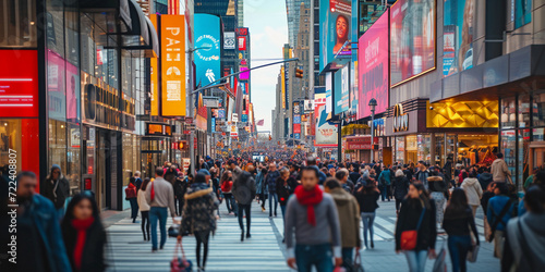 bustling city street scene, diverse crowd of people shopping, colorful storefronts advertising huge sales, vivid banners and sale signs, urban setting, dynamic lighting