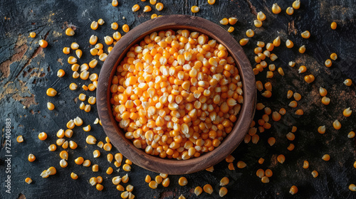 Full frame background top view of raw yellow corn seeds in a pot and scattered on surface