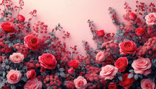 many red roses on a pink background, in the style of realistic scenery, light gray and red © Tung's companion