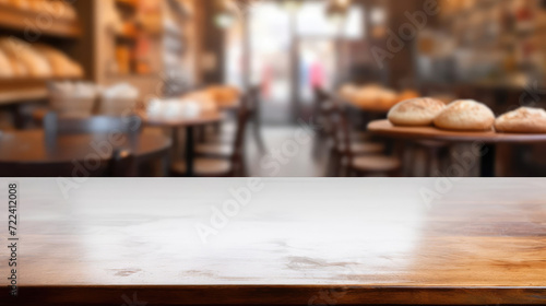 Mock up, bakery set up, wooden table in the front with space for products, different breads in the back, blurred background © Liliya Trott