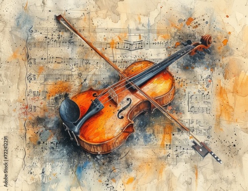Abstract watercolor violin and notes