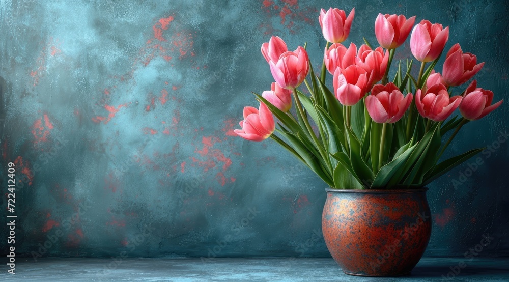pink tulips on a blue background, in the style of distressed materials, decorative backgrounds pink tulips on a blue background, in the style of distressed materials, decorative backgrounds