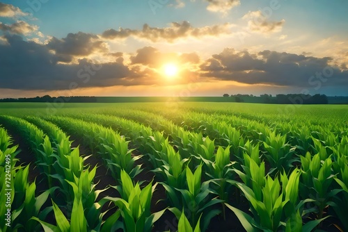Green corn field  blue sky with white clouds and a beautiful sunrise