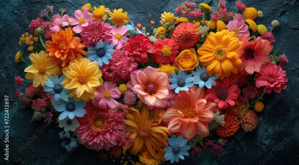 pink, yellow, red and white flowers are arranged in heart shape on a dark background pink, yellow, red and white flowers are arranged in heart shape on a dark background