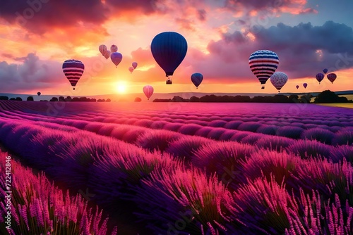 Sunset over vibrant lavender fields with air balloons flying high