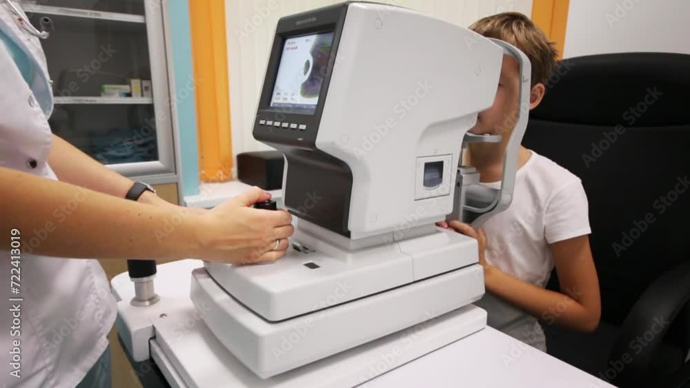 Little boy is watching to auto refkeratometer which doctor controlling Little boy is watching to auto refkeratometer which doctor controlling