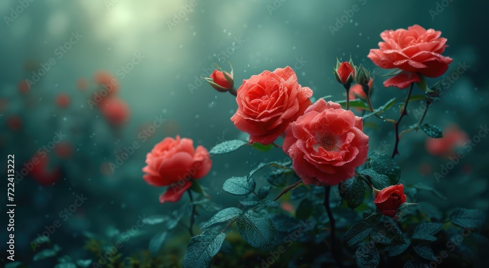red roses from a vine over a mossy green background, in the style of stylish