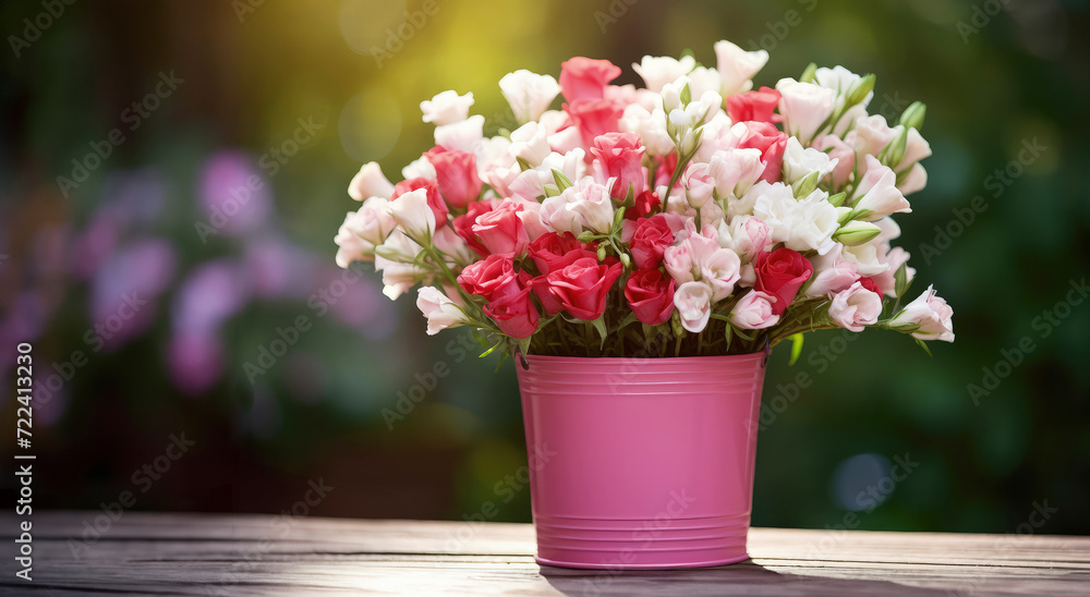 Beautiful spring flowers in white and red in pink bucket, beautiful nature bokeh background Beautiful spring flowers in white and red in pink bucket, beautiful nature bokeh background
